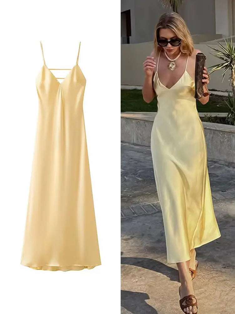 HH Women Summer Yellow Stain V Neck Sling Dress Elegant Sleeveless Loose Maxi ,Ladies Party Holiday Dresses