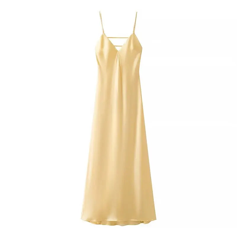 HH Women Summer Yellow Stain V Neck Sling Dress Elegant Sleeveless Loose Maxi ,Ladies Party Holiday Dresses