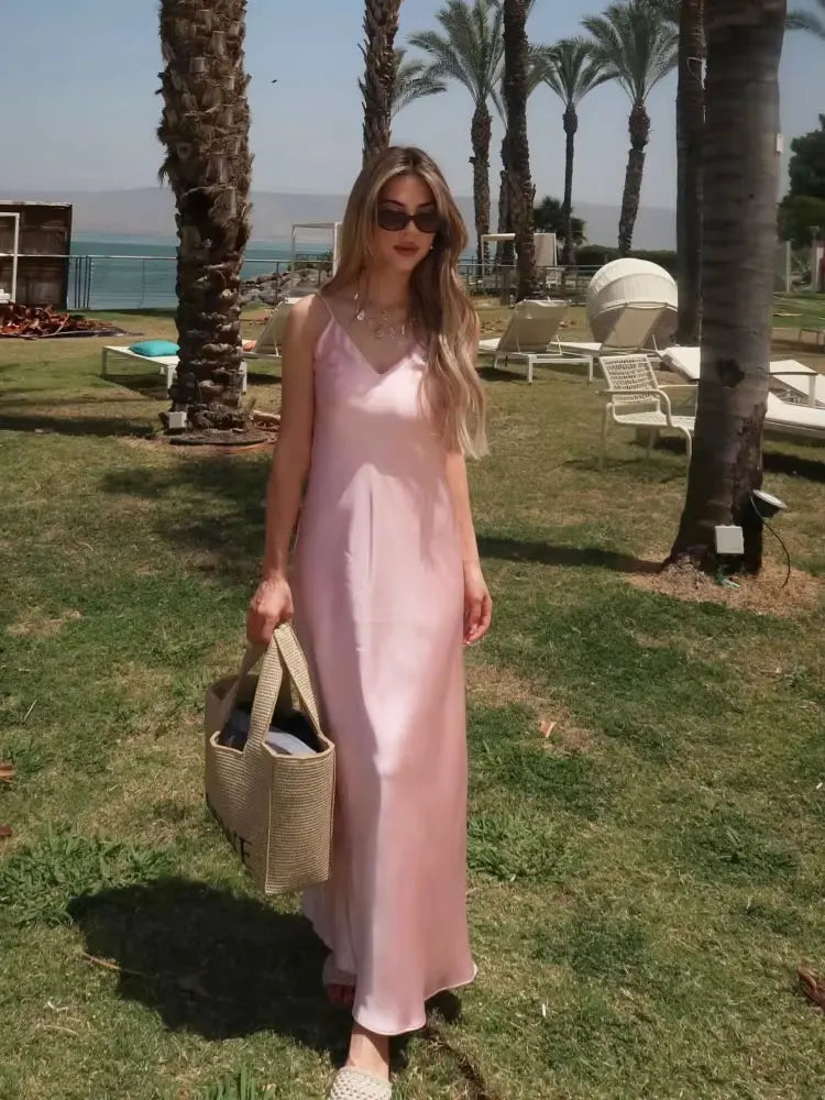 HH Women Summer Yellow Stain V Neck Sling Dress Elegant Sleeveless Loose Maxi ,Ladies Party Holiday Dresses