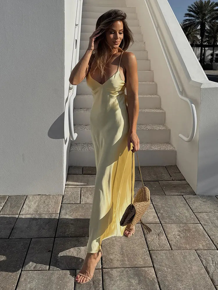 HH Women Summer Yellow Stain V Neck Sling Dress Elegant Sleeveless Loose Maxi ,Ladies Party Holiday Dresses
