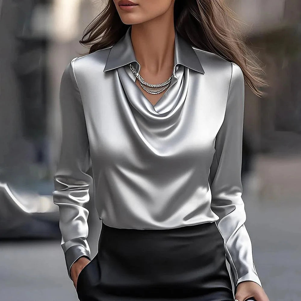 Autumn Elegant Women's Satin Shirt Blouse Print V-neck Swing Neck Long-sleeved Solid Color Loose Shirt Casual Top Office