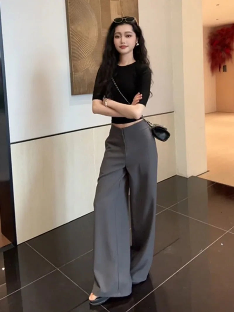 Old Money Trousers Women .High Waist Wide Leg Straight Pants, Spring Fall Tailored Drag Flare Trousers, Elegant Fluid Drap