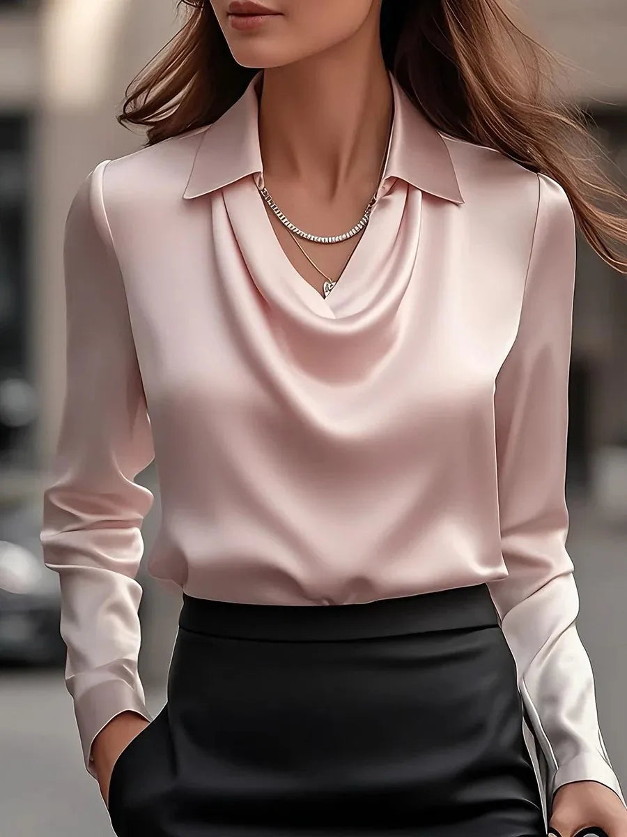 Autumn Elegant Women's Satin Shirt Blouse Print V-neck Swing Neck Long-sleeved Solid Color Loose Shirt Casual Top Office