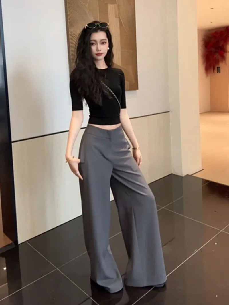 Old Money Trousers Women .High Waist Wide Leg Straight Pants, Spring Fall Tailored Drag Flare Trousers, Elegant Fluid Drap