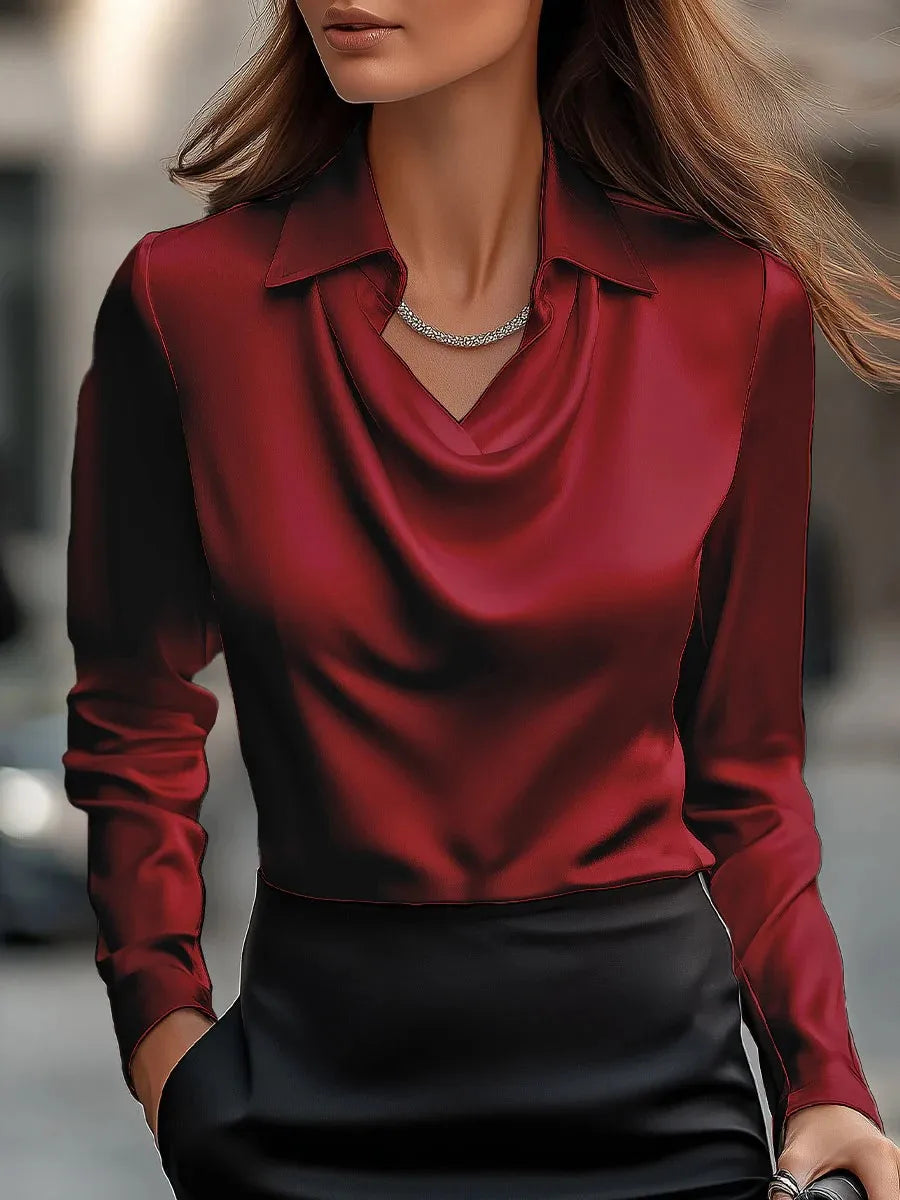 Autumn Elegant Women's Satin Shirt Blouse Print V-neck Swing Neck Long-sleeved Solid Color Loose Shirt Casual Top Office