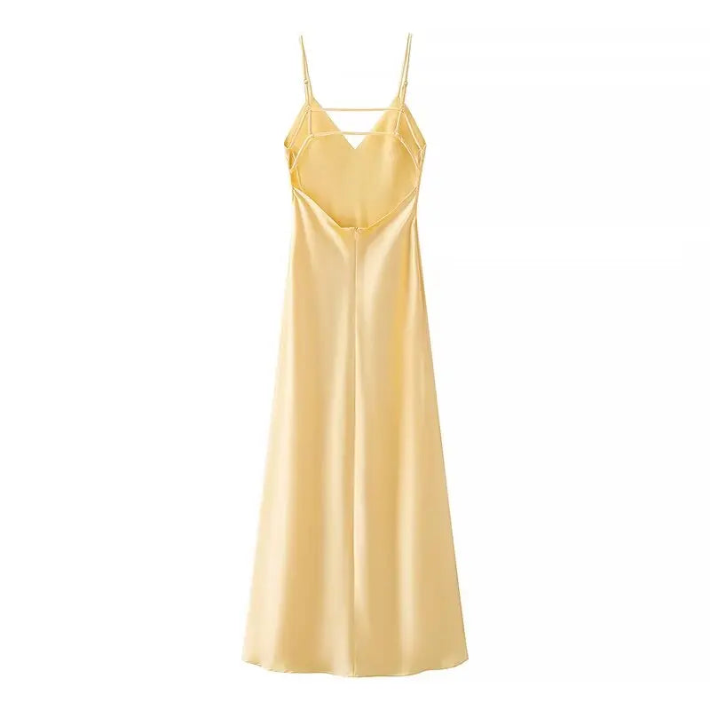 HH Women Summer Yellow Stain V Neck Sling Dress Elegant Sleeveless Loose Maxi ,Ladies Party Holiday Dresses