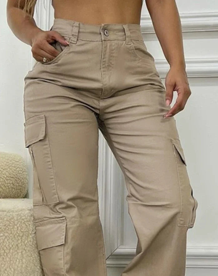 CPSYMYM Women's Pants Autumn  High Waist Pocket Design Solid Color Casual Dialy Long Cargo Pants Y2K Streetwear