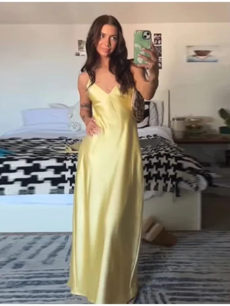 HH Women Summer Yellow Stain V Neck Sling Dress Elegant Sleeveless Loose Maxi ,Ladies Party Holiday Dresses